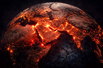 Cracked Earth globe glowing over Middle East region symbolizing geopolitical crisis and global instability