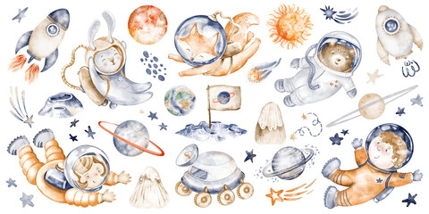 Fototapeta premium Space animals illustration watercolor hand painted collection. Cosmic animals with astronaut, rocket ship, planet, star, comet, asteroid. Kids space theme for nursery decoration, design, clipart.