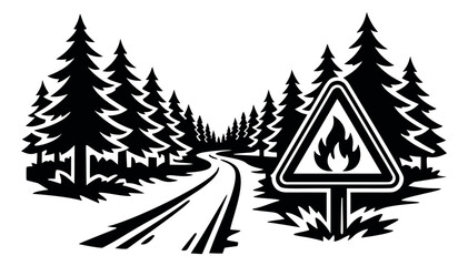 Obraz premium Graphic illustration of a winding road, pine trees, and a fire warning sign depicting potential wildfire danger for outdoor safety