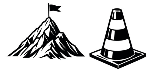 Fototapeta premium Stylized line art icon set featuring a mountain with a flag and a traffic cone for business and safety concepts