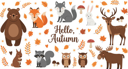 Fototapeta premium Hello Autumn Woodland Animals Cartoon Collection with Bear, Fox, Wolf, Deer, Moose, Owl and Fall Leaves Vector Set