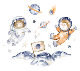 Fototapeta premium Space astronaut illustration watercolor hand painted. Cartoon galaxy scene with planet, moon, stars, spaceship, cute bear in space suit. Poster, printable wall art for children, kindergarten design.