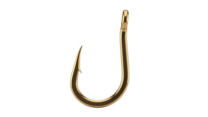 Isolated golden fishing hook, shiny equipment for catching fish in water, metal tool for sport