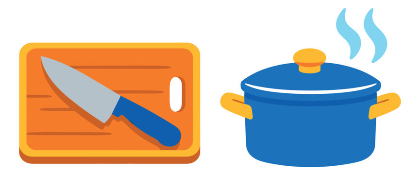 Flat design kitchen items set featuring a cutting board with a knife and a steaming pot for cooking and food preparation