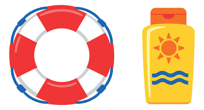 Flat vector set featuring a lifebuoy and sunscreen for summer vacation