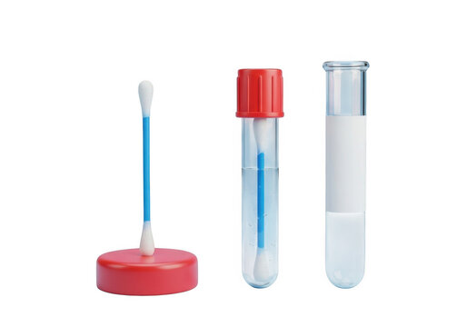 Medical swab and test tubes with red cap isolated on transparent background