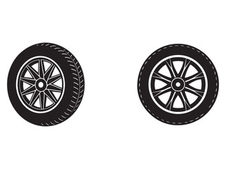 Fototapeta premium Two car tires with rims one with tread pattern and the other with dashed lines on white background