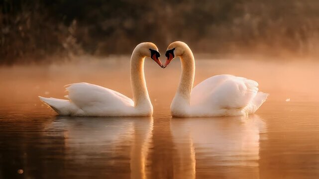 Romantic love theme for Valentines Day. Two white swans gracefully swimming in a tranquil lake at sunset, their reflections shimmering on the waters surface. The background is slightly blurred.