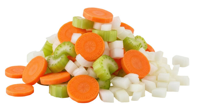 Isolated pile of chopped carrots, celery, and onions for mirepoix, ingredient preparation