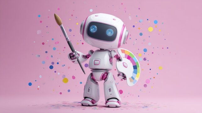 A cute, pink and white robot artist holds a paintbrush and palette against a pink background with colorful confetti