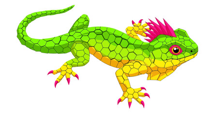 Obraz premium A vibrant illustration of a green lizard with a distinctive pink crest and claws, showcasing its detailed scales and bright red eye in a graphic style on a clean background from a side viewpoint
