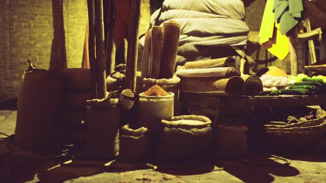 Closeup spice stall piled with sacks and ceramic bowls, shadows sculpting granular textures, warm amber tones accentuating aromatic powders and rustic tools,