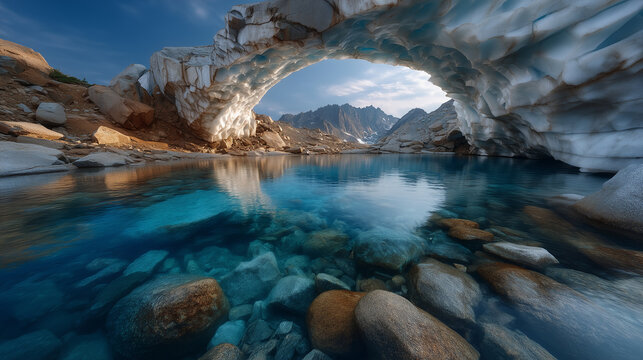 Majestic Glacier Ice Arch Over Turquoise Mountain Lake landscape photo of a massive natural glacier ice arch spanning across a turquoise glacial lake in a remote mountain environme