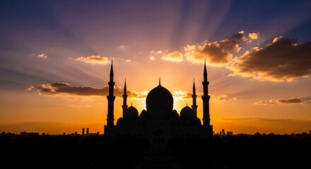 Mosque Silhouette at Sunset with Minarets.