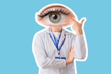 Female ophthalmologist with big eye instead of head on blue background