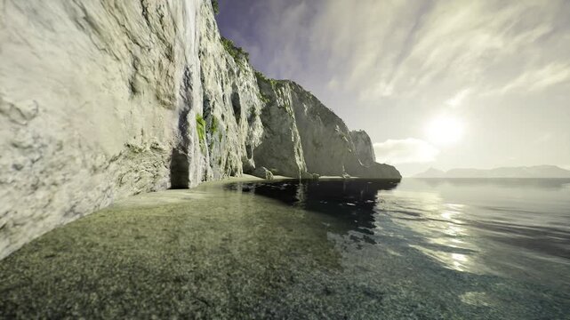 Wide tidal platform with shallow pools and textured rock, afternoon sun glancing off glassy water ideal for marine biology visuals, tidepool study, and eco