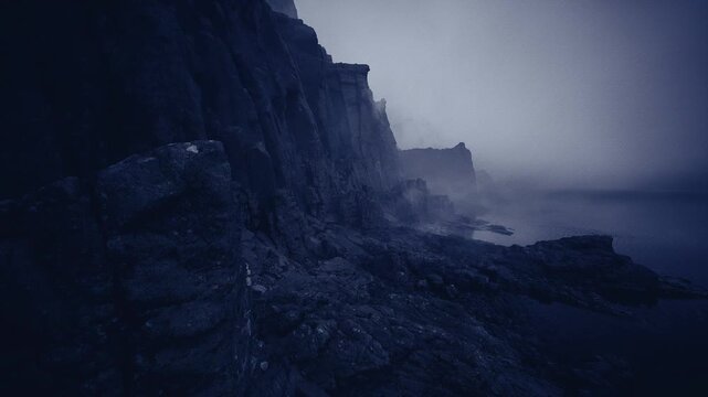 violent waves smashing against jagged promontory, spray and foam collide with eroded rock faces, dramatic motion and dark skies convey raw coastal power