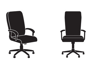 Two office chairs with wheels and armrests in black silhouette on white background for business and furniture concepts
