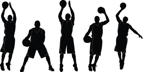 Basketball Player Silhouette Vector Set with Male Athletes Dribbling Shooting and Jumping for Sports Competition Team Game and Fitness Graphic Design © Gauranga
