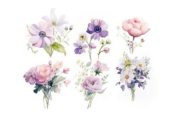 Fototapeta premium Watercolor flowers on white background. Spring illustration for greeting card, Wedding, Easter. Clip art blossom nature.