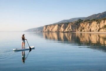 Naklejka premium Woman paddleboarding on calm sea near scenic cliffs during peaceful summer morning