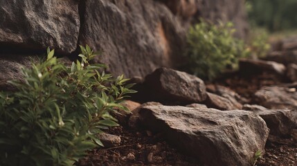 Close up of textured rocks and lush green foliage growing from the earthy ground in a natural outdoor setting