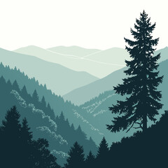 Mountain panorama with coniferous trees and misty atmosphere © sabrina1122