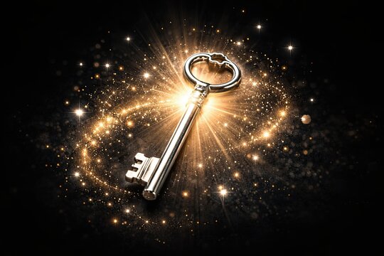 Shiny silver key glowing with magical golden light and sparkles on black background symbolizing mystery