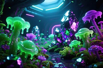 Fototapeta premium The Alien Landscape, Vibrant Fantasy Jungle with Crystals in Neon Glow