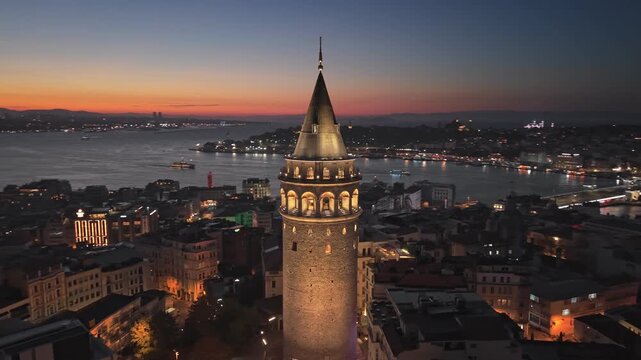 Aerial view of the illuminated Galata Tower at sunrise in Istanbul, Turkey. Cinematic drone orbit around the Galata Tower at twilight in Istanbul Turkey. Beautiful cityscape of Beyoglu district