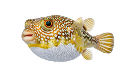 Isolated puffer fish swims forward, with orange spots against a no background sea scene © Ivan