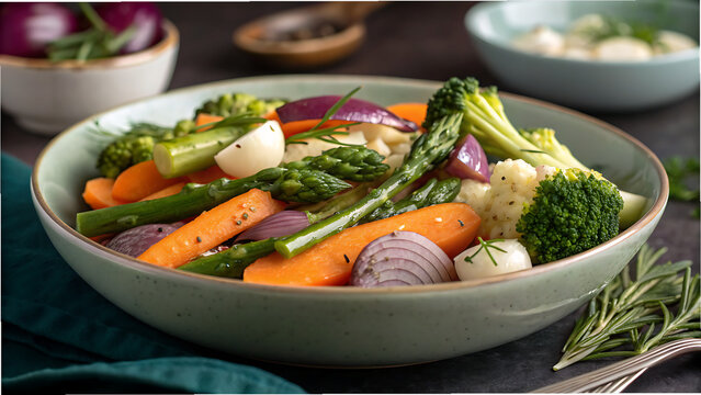 A vibrant bowl of assorted steamed vegetables with herbs and spices