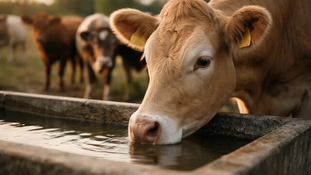 Farm cow drinking water from trough on rural pasture with herd grazing in countryside farmland