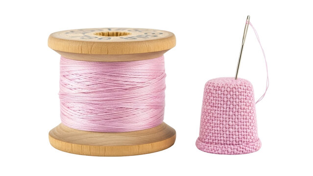 Isolated sewing kit craft supplies showing pink thread spool, needle, & hand knitted thimble