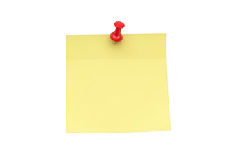 A bright yellow sticky note pinned to a white background with a red push pin. isolated on transparent background