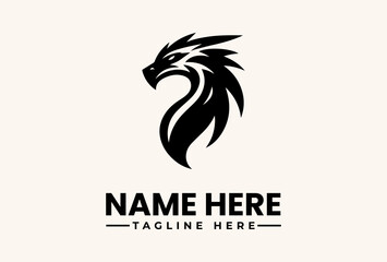 Black logo illustration of a dragon's head with flowing mane and placeholder text on a beige background, featuring a vector icon design. © vectorvovdesign