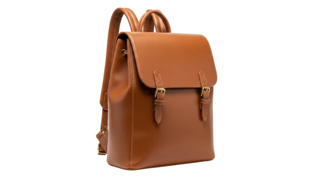 Isolated brown leather backpack with straps and clasps for storage and carrying items
