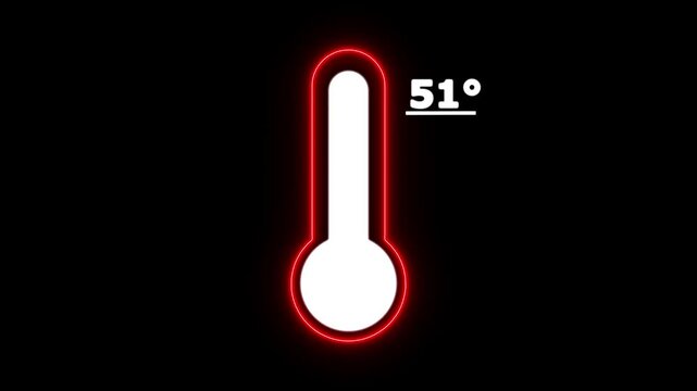 Neon Celsius thermometer displayed temperature 51 degree. Thermometer equipment showing hot or cold weather. 4K Video motion graphic animation.