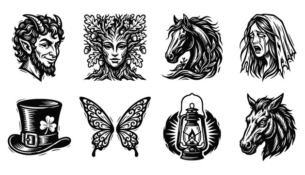 Mythical Folk Art Woodcut Illustrations Set