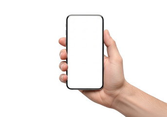 Hand holding a modern smartphone with a blank screen against a white background isolated on transparent background