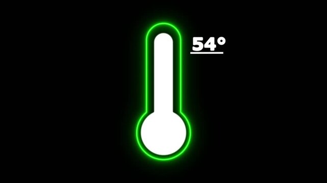 Neon Celsius thermometer displayed temperature 54 degree. Thermometer equipment showing hot or cold weather. 4K Video motion graphic animation.