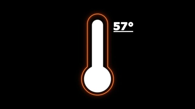 Neon Celsius thermometer displayed temperature 57 degree. Thermometer equipment showing hot or cold weather. 4K Video motion graphic animation.