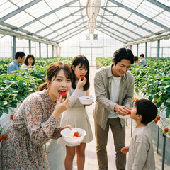 イチゴ狩を楽しむ笑顔の家族