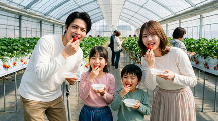 イチゴ狩を楽しむ笑顔の家族