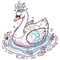 Fototapeta premium Cute Swan Illustration with Water Splashing Head