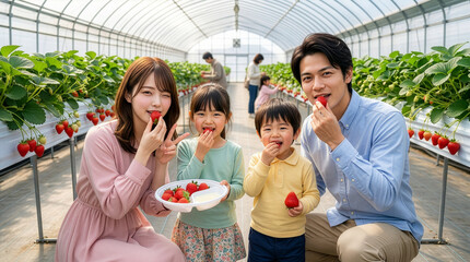 イチゴ狩を楽しむ笑顔の家族