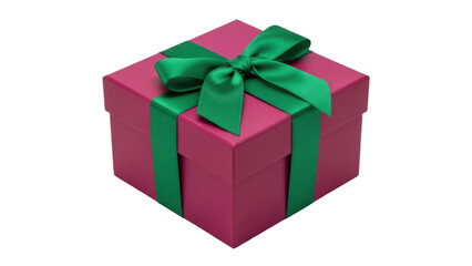 Fototapeta premium Isolated present with dark pink wrap and green ribbon and bow ready for a holiday gift