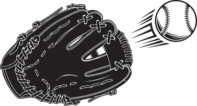 Black baseball glove catching a fast moving baseball illustration