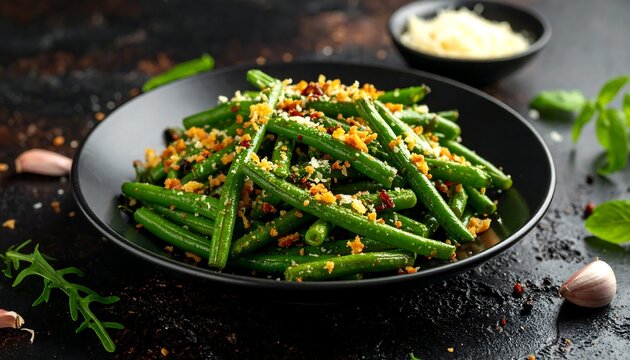 Green beans arranged attractively in a black bowl, sprinkled with breadcrumbs, on a dark mottled surface
