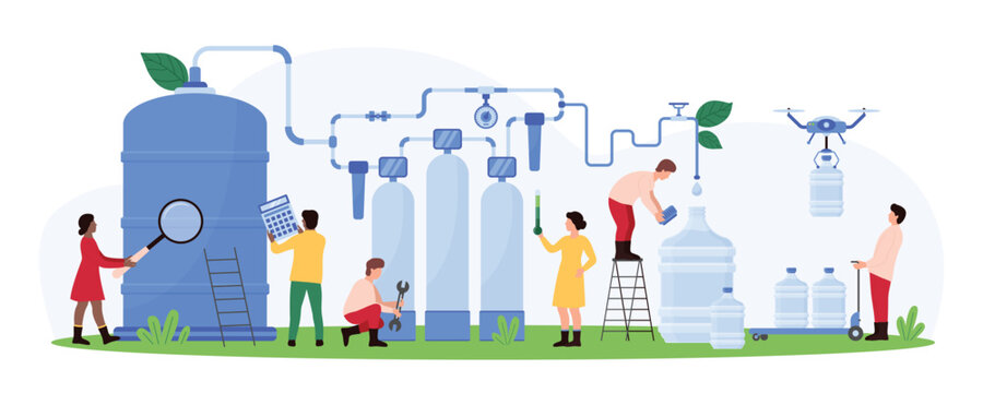 Industrial water purification plant with reverse osmosis technology. Tiny people pour clean water into plastic gallons after treatment stages in RO filters for delivery cartoon vector illustration
